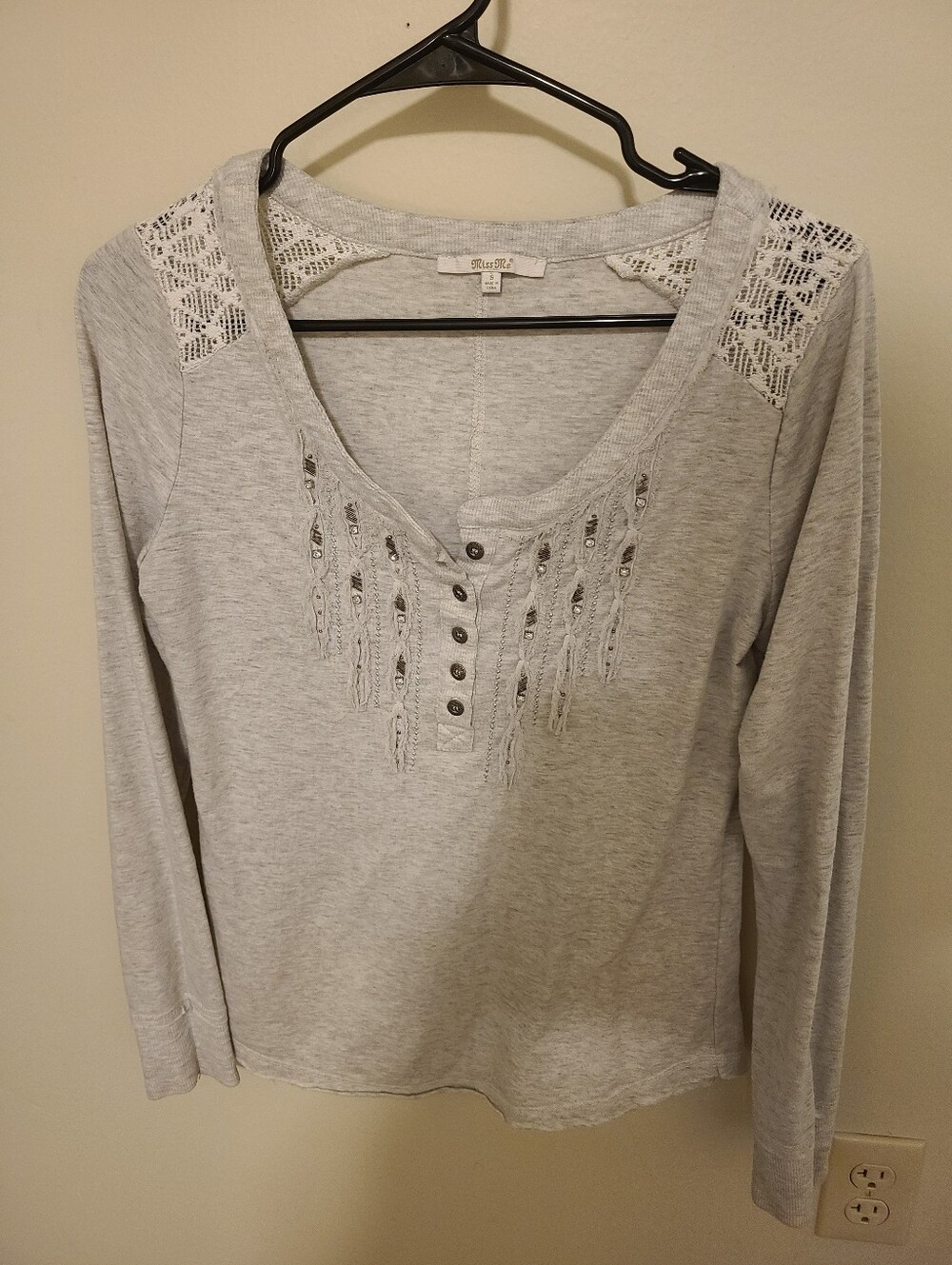 Light Gray Women's Lace-Shoulder Henley Top
